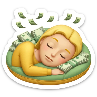a round yellow IOS style emoji of a face sleeping on a pillow of money sticker