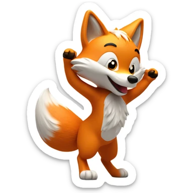 emoji of a dancing fox. orange body with fluffy tail. vibrant, exaggerated white paws. soft fur details. playful. enlarged head in cartoon style. head turned towards viewer. 3d lighting. no cast shadows sticker
