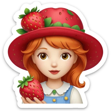 strawberry shortcake ginger girl holding a strawberry and wearing a strawberry hat sticker