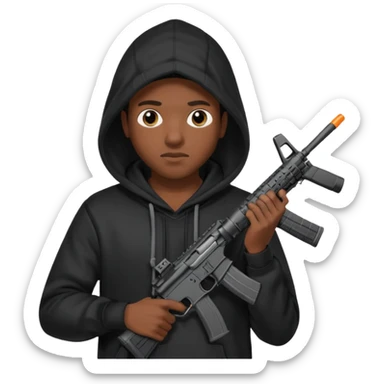 
Fais moi un jeune afro américain qui ressemble a un gangster qui tient une AR15 avec un hoodie a capuche, capuché sticker