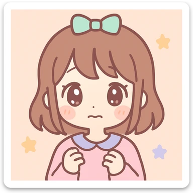 kawaii anime girl with brown hair, nervous expression, pastel colors sticker
