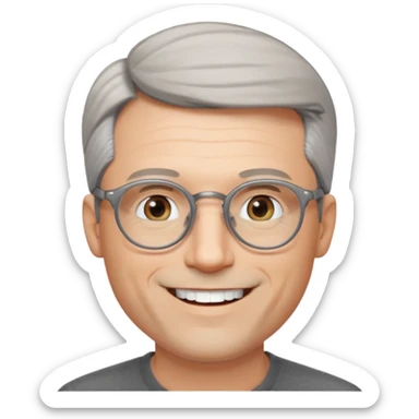 40 yr old pale white man, grey side swept hair, round glasses, big smile, white teeth, handsome, longer hair, thin glasses sticker