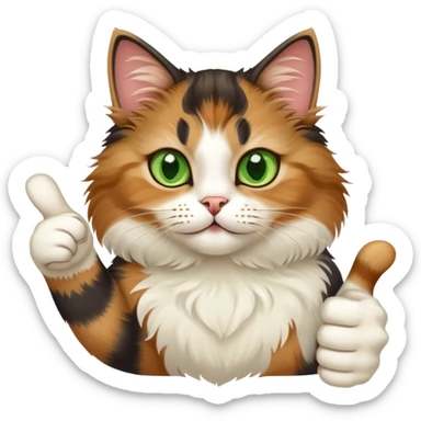 tricolor fluffy cat with big green eyes giving thumbs up sticker