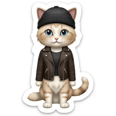 Ragdoll cat wearing a leather jacket and a beanie sticker