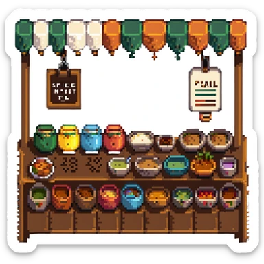Spice market stall with colorful mounds of different spices sticker