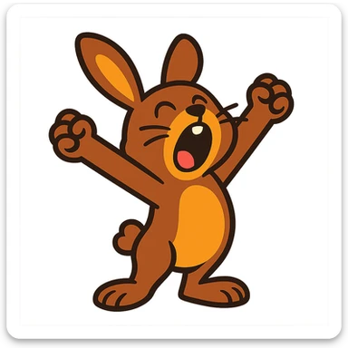 brown bunny stretching arms while yawning, vibrant-toon style sticker