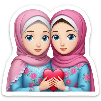 Two friendly Turkish girls beautiful finish Konya blue eyes with pink floral hijab and heart dress and hugs  sticker