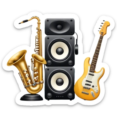 Icon for R&B Music Listening: large concert speakers and headphones with waves of musical notes coming out, along with drums and bass guitar and saxophone. The icon should convey the energetic and rhythmic vibe of R&B music. Transparent background sticker