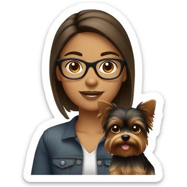 Hispanic, straight Brown hair, girl with glasses holding tan yorkie dog sticker