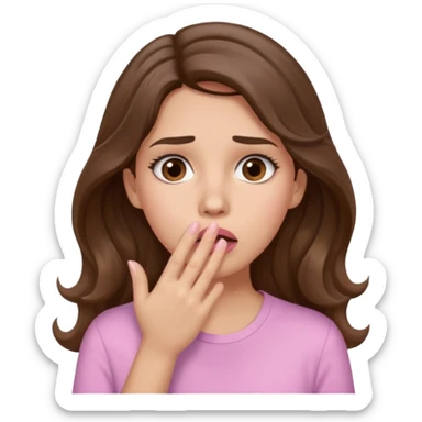 girl with wavy long brown hair, brown eyes, light to medium complexion, long lashes, light pink lipstick, wearing light pink shirt, shocked, hand covering mouth sticker