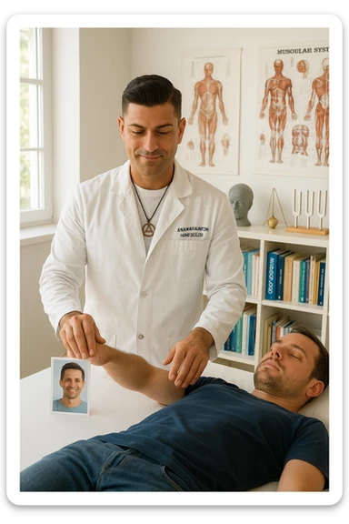 a middle-aged man, dressed in casual professional attire, is in a bright, organized therapy studio. Durante una visita di kinesiologia, il praticante tiene con una mano la foto di una persona lontana (il “testimone”) appoggiata su un tavolo, mentre con l’altra mano esegue un test muscolare su un cliente presente. Sullo sfondo si vedono libri di kinesiologia, poster anatomici e strumenti tipici della disciplina. L’atmosfera è concentrata e serena, con luce naturale che entra dalla finestra, sottolineando l’aspetto alternativo e umano della pratica. sticker