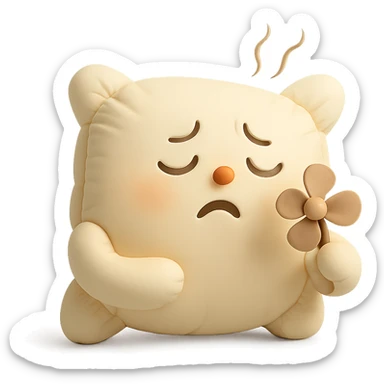 plush cushion face fanning itself, hot weather, stylized and cute, cushion style sticker