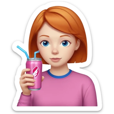 ginger woman short hair, pink shirt, sipping energy drink blue eyes cosy  sticker