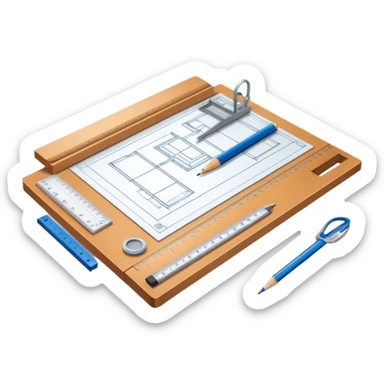 Sleek icon for Architecture: engineer's drawing board with blueprints 3D model of building,  pencil, architect's rulers and protractor. Transparent background. sticker
