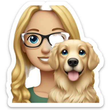 brunette lady with blue eyes and glasses holding a golden retriever  sticker