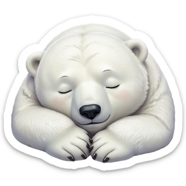 Meme-Worthy cute Sleeping Polar Bear Portrait Emoji, Head resting peacefully with a contented smile, showcasing a luxuriously soft snowy coat and eyes closed in serene slumber, Simplified yet hilariously adorable features, highly detailed, glowing with a soft, drowsy polar light, high shine, relaxed and utterly lovable, stylized with an air of playful laziness, bright and heartwarming, soft glowing outline, capturing the essence of a sleeping polar guardian that feels destined to become the next viral sensation of adorable rest! sticker