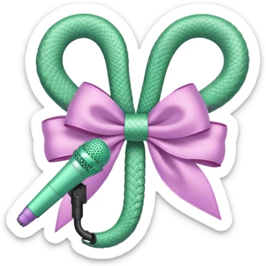 A pastel pink bow with a pastel green snake on the top of one side and a pastel purple microphone on the bottom of the other side sticker