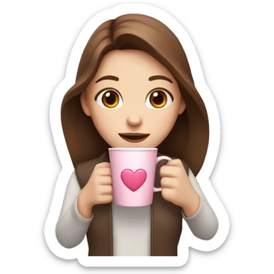 pale girl with brown hair holding a pink coffee cup with a heart in the middle sticker
