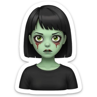 Zombie girl emoji verde com cabelo curto liso preto no ombro e franja na altura da sobrancelha com uma blusa preta sticker