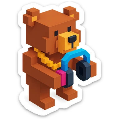 Russian grizzly bear with a rapper chain, holding DJ headphones sticker