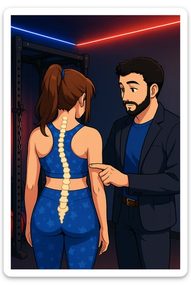ispirati a questo stile di disegno e fai questa immagine in versione manga/webtoon a colori, il manga mostra la donna di spalle, mentre l'uomo le tocca la spina dorsale per spiegarle come funziona la scoliosi:
Con una scoliosi il baricentro corporeo cade maggiormente da un lato; per non cadere la schiena compensa accumulando tensione sul fianco opposto.
Il risultato? Si inclina e ruota sempre più, fino a che non cede (discopatie, artrosi, ecc) sticker