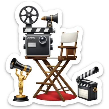 Icon for Directing: a director's chair, a large film camera, a megaphone, a stage set with lights and an Oscar statuette. The icon should represent the creative and leadership aspects of directing, with focus on film and theater production. Transparent background. sticker