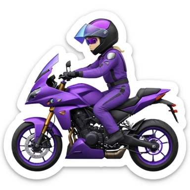 Créer un emoji avec une moto mt07 sport noir mate / violet iridescent très foncé, pare-brise de la moto violet. Avec une pilote dessus visière violet sombre visage caché . Avec fond arrière violet en arrière plan. sticker