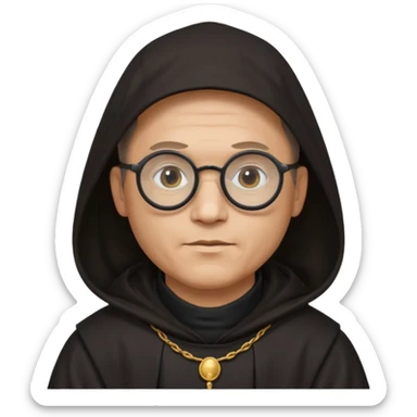 Monk priest prayer black habit with hood round black glasses done light brown wavy hair under hood remove the medallion smaller more round glassed age 46  sticker