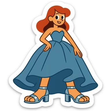 girl with big feet wearing silver heels and a big blue-grey prom dress sticker
