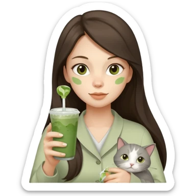 a brunette woman with long hair in here 30S drinking an iced matcha, carrying a grey cat and a map of the world sticker