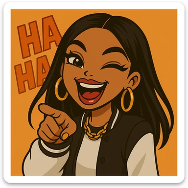 Keep her pointing and laughing with 'ha ha ha' in the background, headshot only, 20-year-old anime Bratz style woman with dark skin, straight hair, more trendy outfit, big expressive eyes, glossy lips, no hat, no tears, happy expression, looking straight ahead. The style should reflect anime Bratz aesthetics with vibrant colors and expressive features. sticker