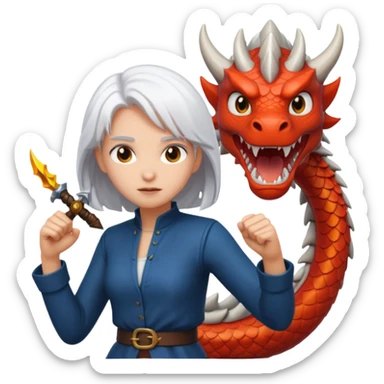 a girl with white hair fighting a dragon sticker