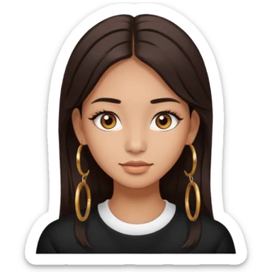 girl with brown asian eyes, long eyelashes, layerd mid length hair dark brown, tanned skin hoop earrings middle parting hair  sticker