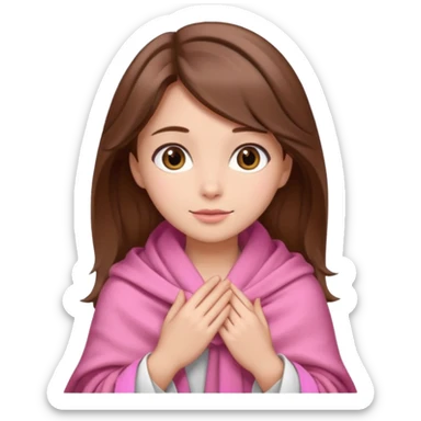 A girl with brown hair, wearing a pink shawl, has beautiful features and her hand rests on the shawl. sticker