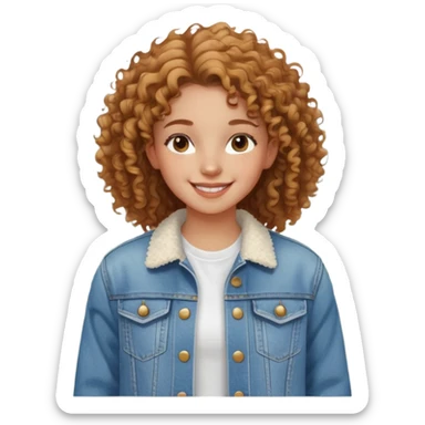 A half-body shot of a young girl with natural, curly hair and a radiant smile. She’s dressed in a casual white t-shirt and denim jacket, with a sunny outdoor background sticker
