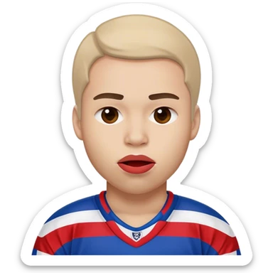 Jugadora de hockey con camiseta rayada horizontal de color azul, blanco y rojo, con gesto de labio mordiendose sticker