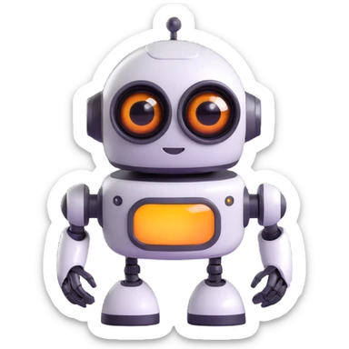 Friendly robot with big expressive eyes — round head, glossy finish, slightly clumsy but charming (think Wall-E meets Baymax). sticker