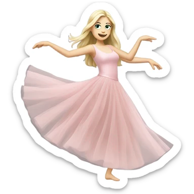 Realistic White woman with Long blonde straight hair and green eyes, full body wearing Long soft pink tiered tulle dress, dancing sticker