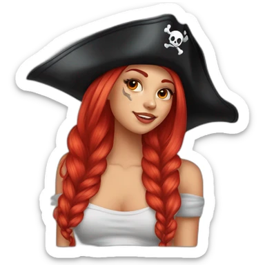 Woman long red platted hair on one side, other side of head is shaved. Tattoo under shaved hair. pirate hat, skull and crossbones t shirt sticker