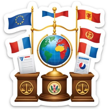 icon featuring podium with a speaker, national flags, and voting ballots, symbolizing political science. The design includes a globe and scales of justice in the background, representing governance, global affairs, and political theory. Transparent background emphasizes civic engagement and policy. sticker