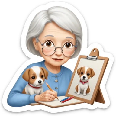 An elderly woman sketching, art board,nice picture, puppy face pencil art style. sticker