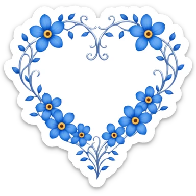 Romantic heart lace shape silver vine with blue flowers border sticker
