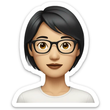 An asian woman with black hair short hair wearing clear glasses and no lipstick  sticker