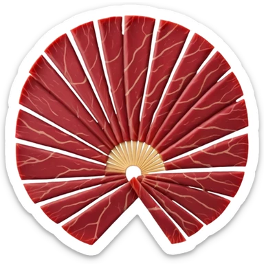 thin slices of air-dried beef, deep burgundy-red color, smooth slightly glossy surface, darker curved edges, fine grain, lean texture, slightly overlapping in loose fan shape, no board, garnish, or packaging, soft lighting, subtle shadows, emoji scale sticker
