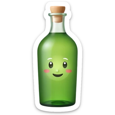 A clean, cute emoji-style green soju bottle, small Korean soju bottle with green glass, simple label in Korean style, minimal flat design, soft shading, centered, white or transparent background, high contrast, rounded friendly emoji look, 1:1 aspect ratio, app icon style sticker
