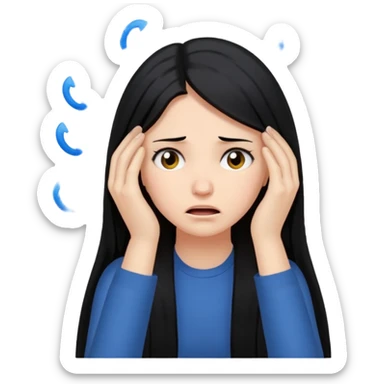 emoji of a woman with long black hair, anxious, hands clutching head, mental breakdown sticker