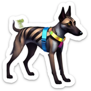  brindle brown black maroon striped lurcher Alsatian fox running blue eyes and iridescent holographic oilslick harness wearing paper iridescent tropical flower crown yellow caution tape sticker
