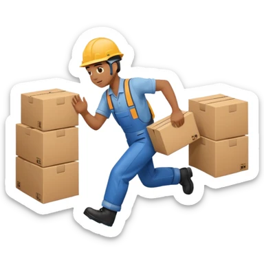 Animación educativa sobre un accidente laboral en un entorno industrial. Un trabajador de fábrica, con casco pero sin otros elementos de protección personal, resbala en un piso mojado y cae al suelo mientras transporta una caja. sticker