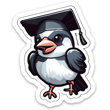 sticker: black and white sparrow with a square academic cap on his head laughs sticker