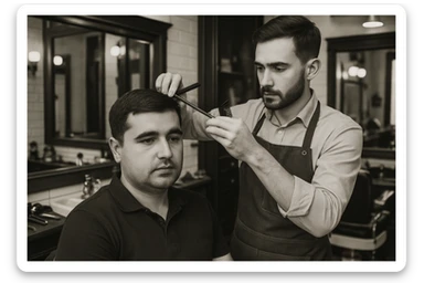 sartaroshxonada mijozlarni sochini olayotganin  tasvirlab ber juda yosh ham katta ham bo'lmasin semiz ham bo'lib ketmasin o'smirin davrini yuzi ko'rinmasin sticker